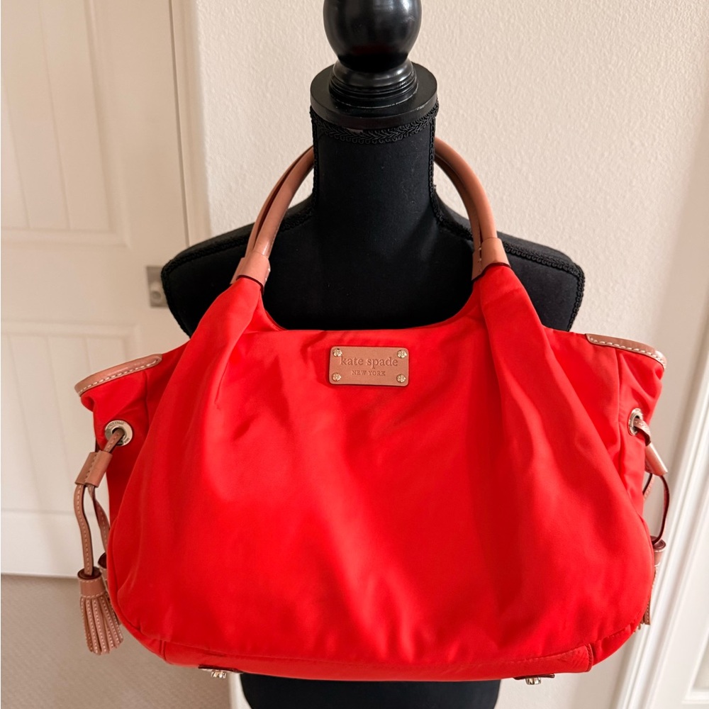 Kate Spade Nylon Orange Tote with Tan Leather Accents - Picture 2 of 15